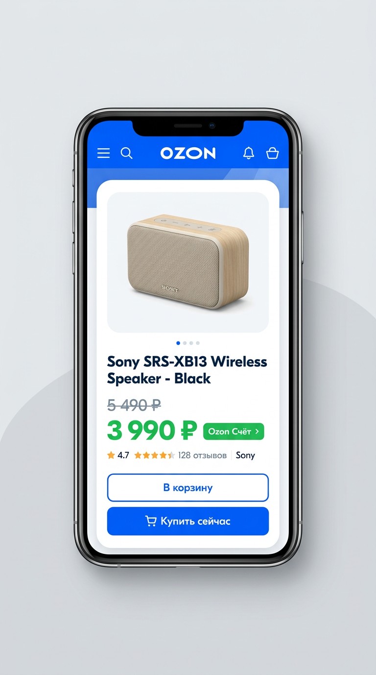 Зелёная цена Ozon Счёт в карточке товара на смартфоне