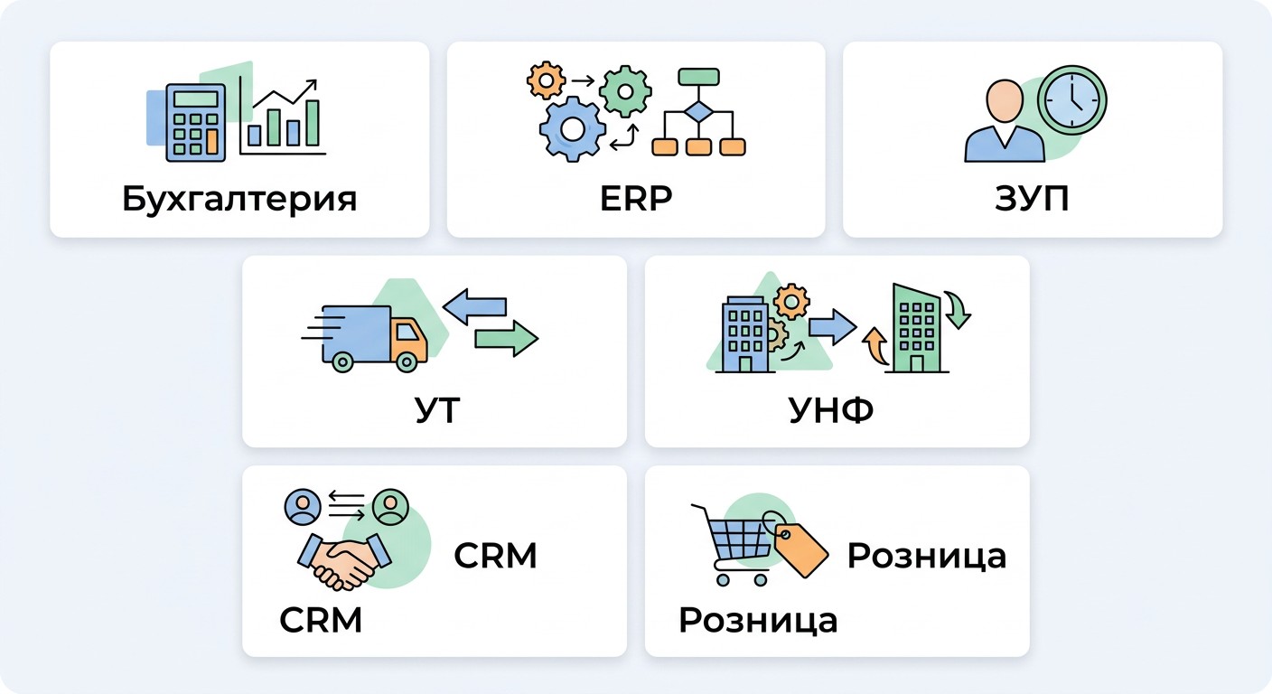 Топ-7 конфигураций 1С:Предприятие — карточки с названиями