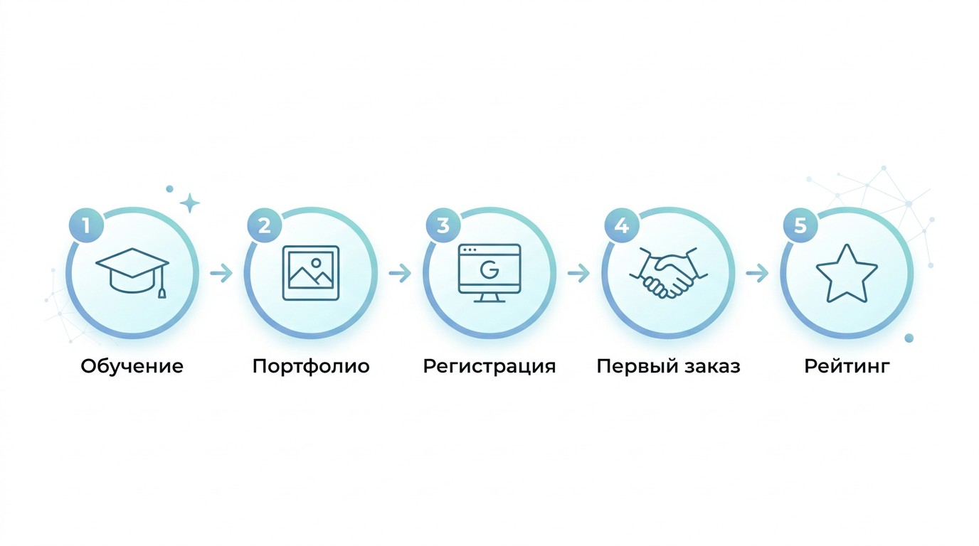 Инфографика 5 шагов новичка дизайнера от обучения до первого заказа