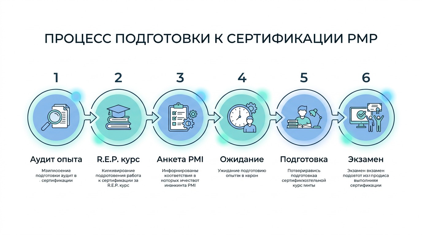 Инфографика 6 шагов подготовки к сертификации PMP от аудита до экзамена
