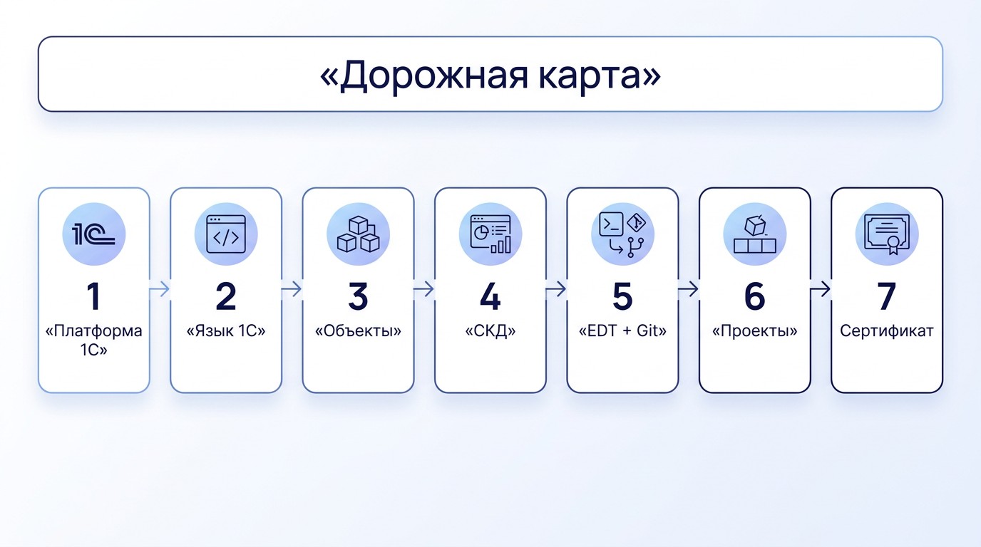 Инфографика: 7 шагов к профессии программиста 1С с нуля