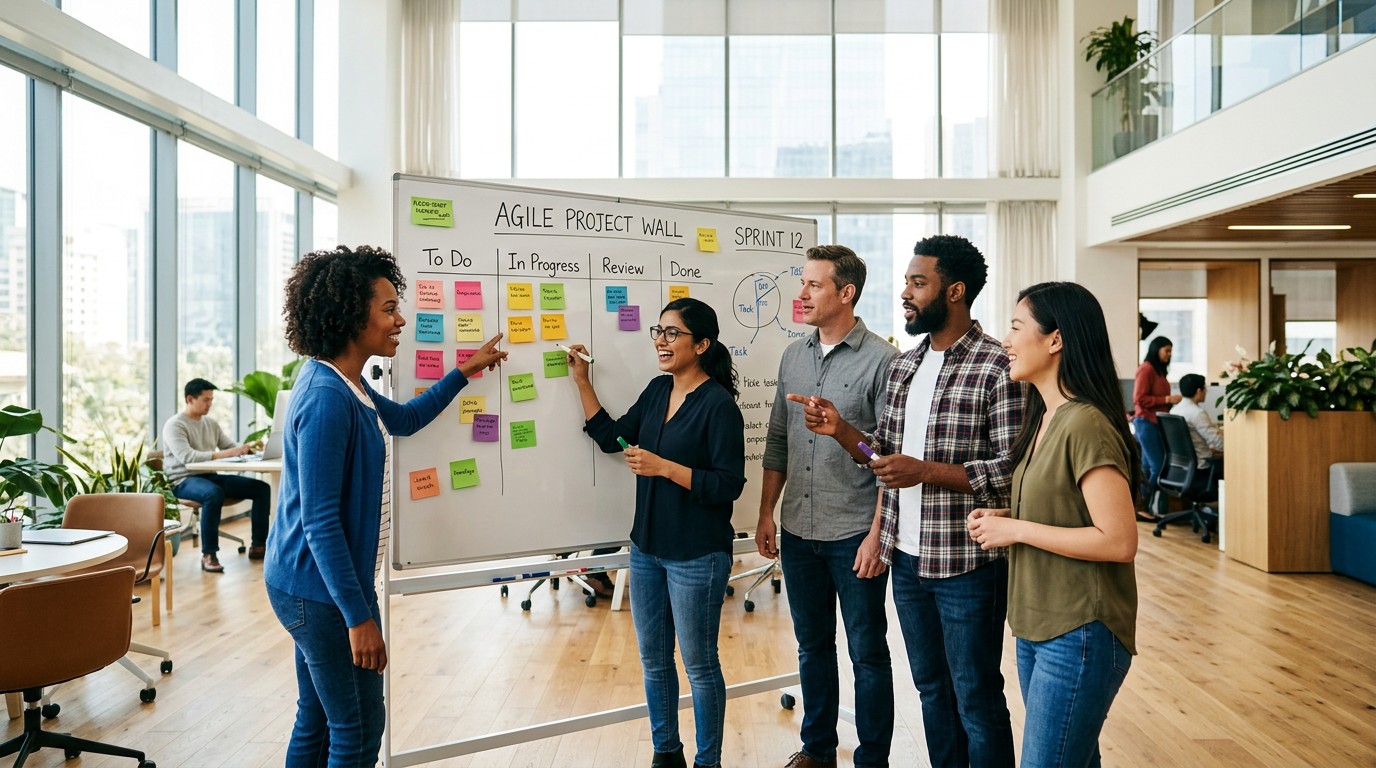 Agile-команда работает с задачами на доске в современном офисе