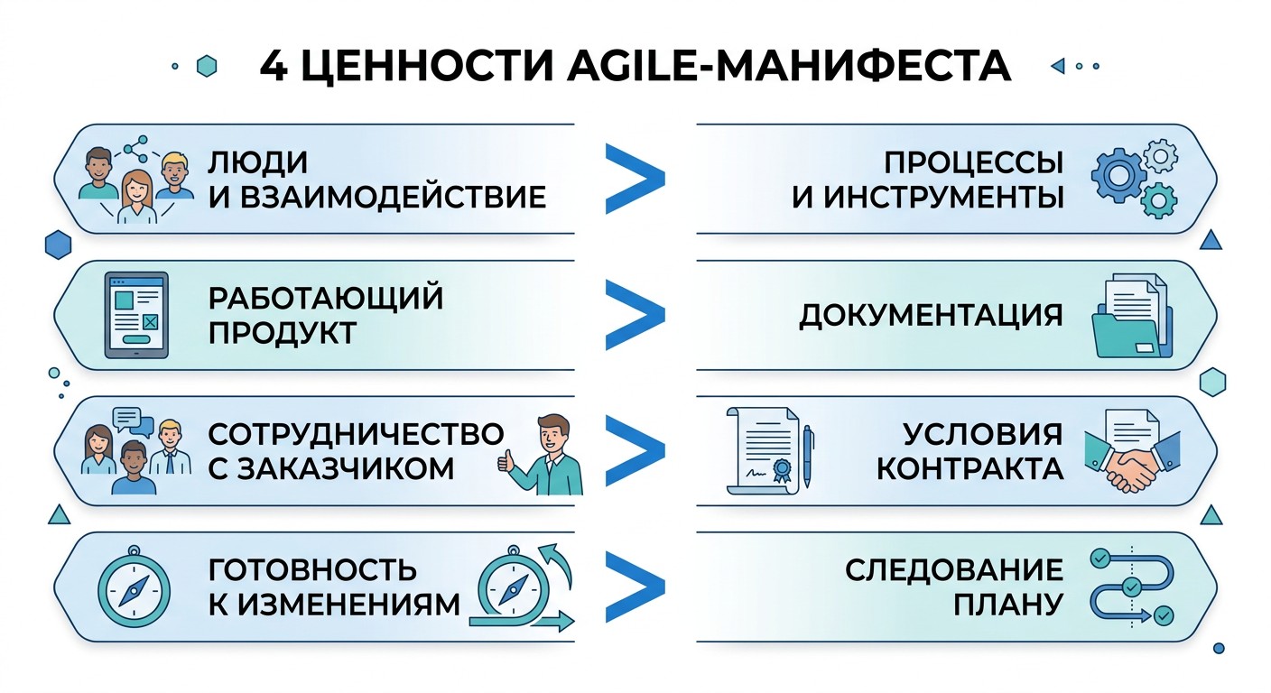 Инфографика четырёх ценностей Agile-манифеста в формате приоритетов