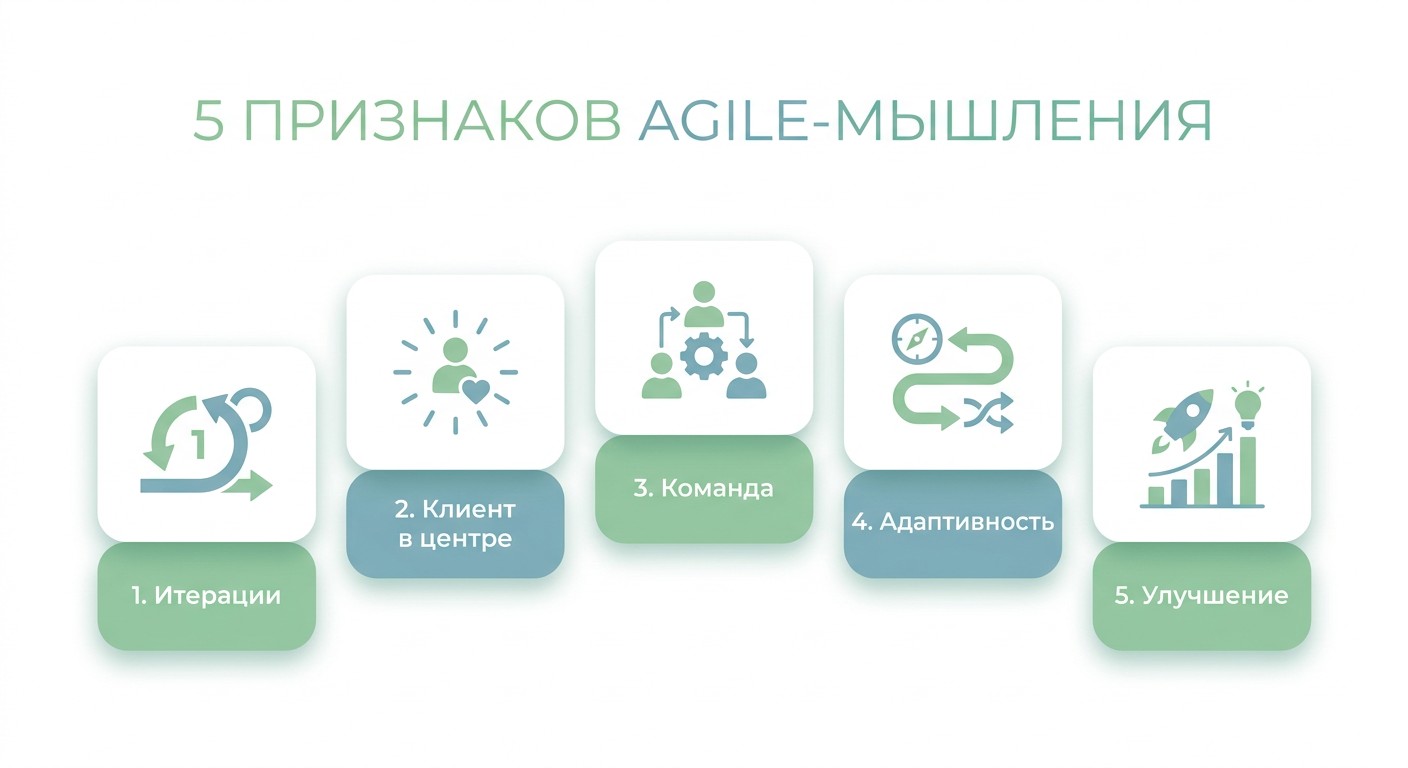 Инфографика пяти признаков Agile-мышления с иконками и подписями