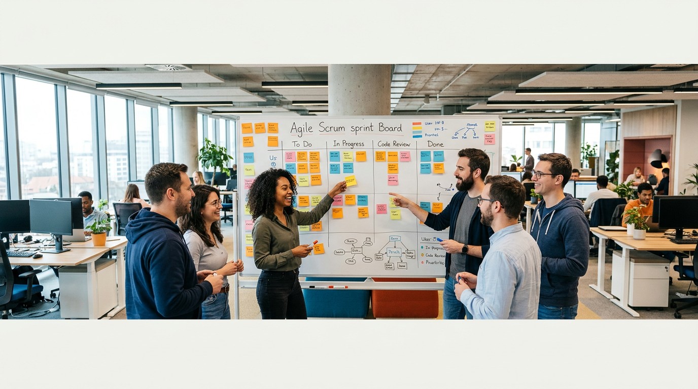 Команда разработчиков на планировании спринта по методологии Agile Scrum