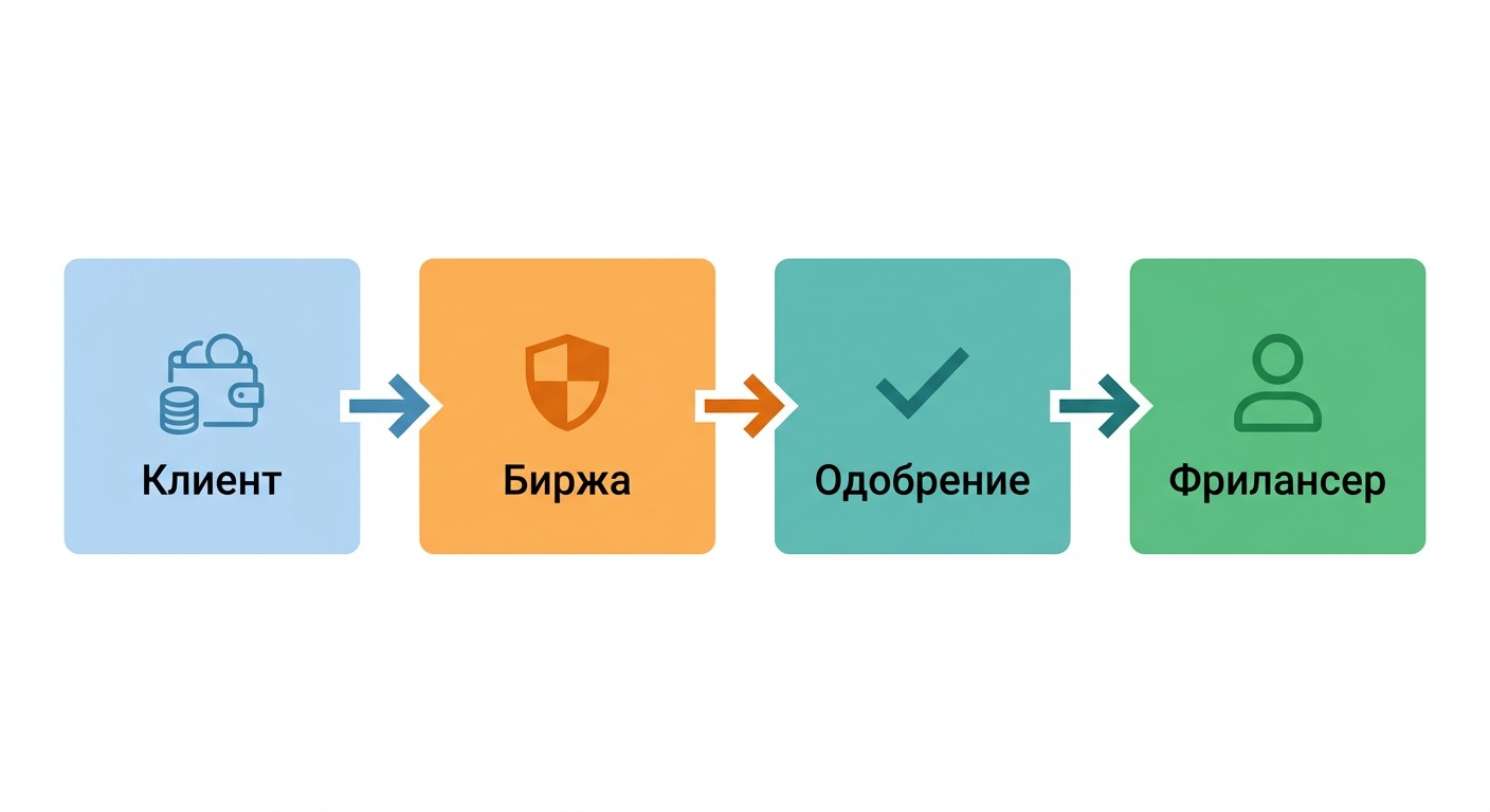 Схема безопасной сделки на фриланс-бирже: клиент — биржа — одобрение — фрилансер