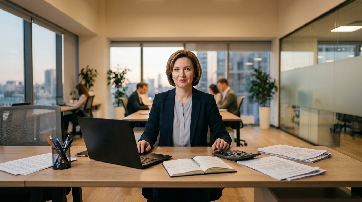 Бухгалтер за рабочим столом с финансовыми документами и калькулятором