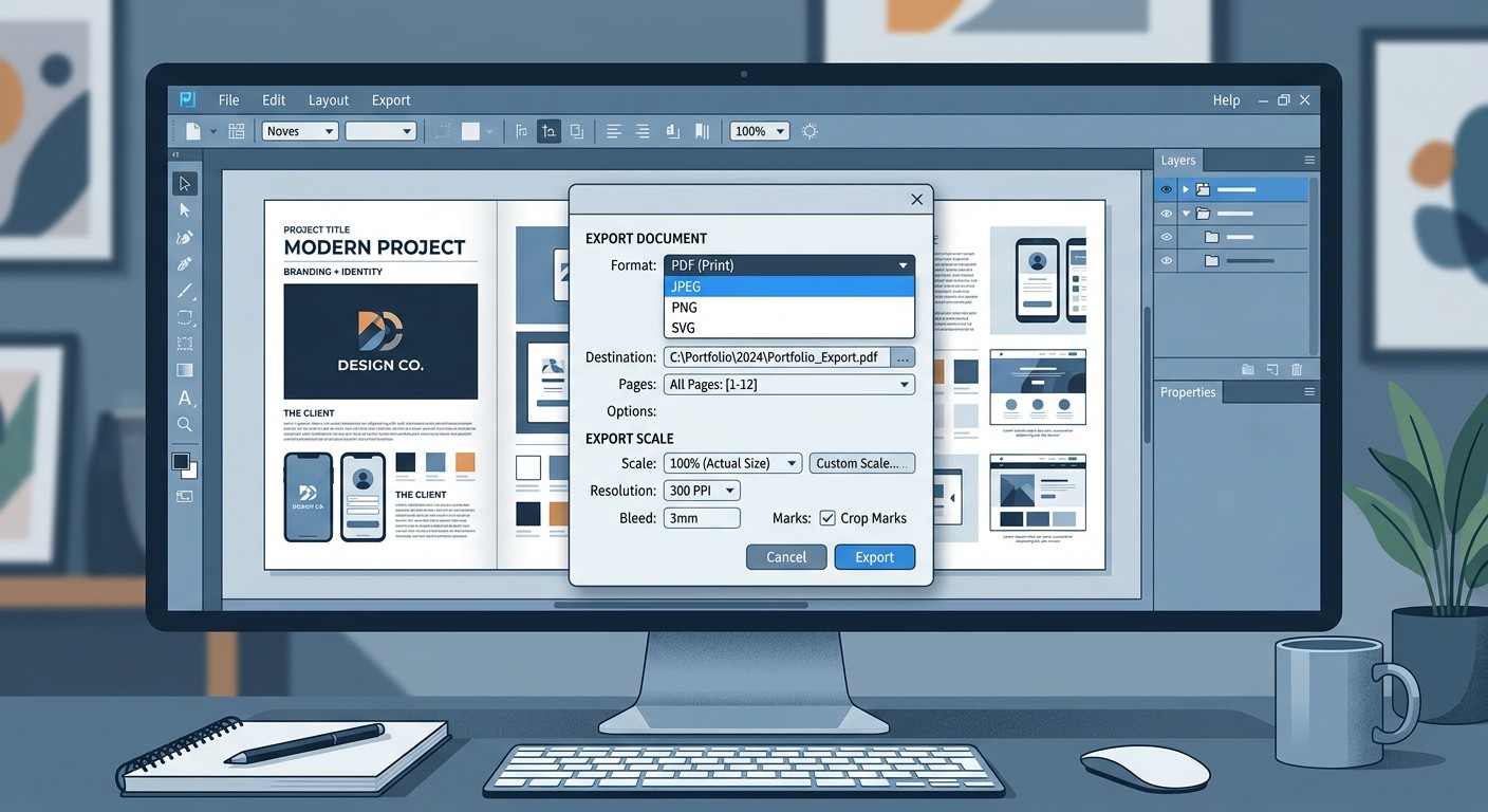 Экспорт портфолио дизайнера в PDF через интерфейс дизайн-редактора