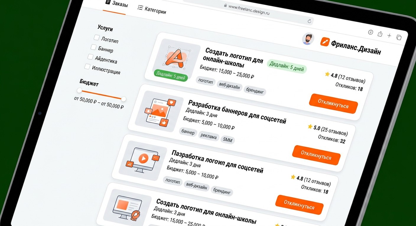 Страница проектов по дизайну на фриланс-бирже с карточками заказов