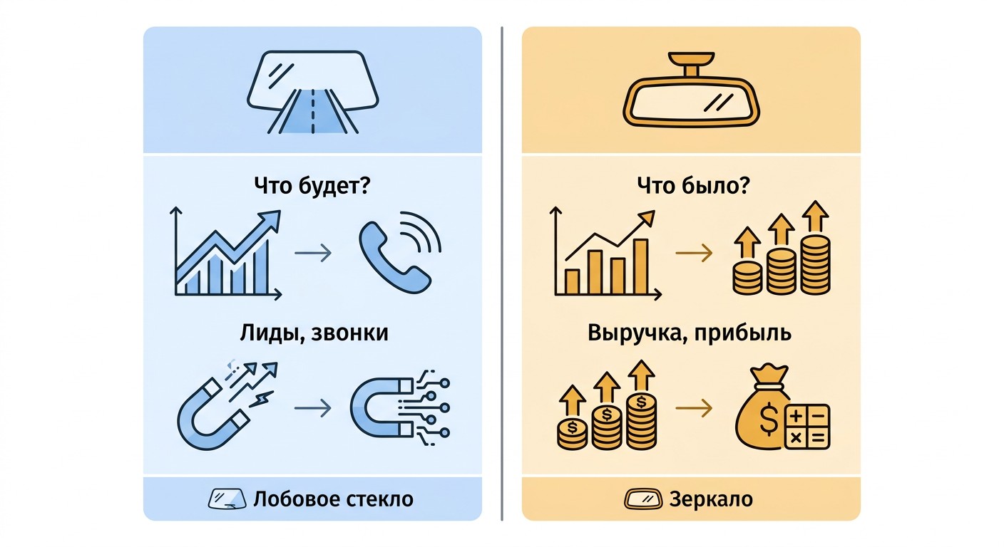 Инфографика: опережающие и запаздывающие KPI проекта — лобовое стекло и зеркало