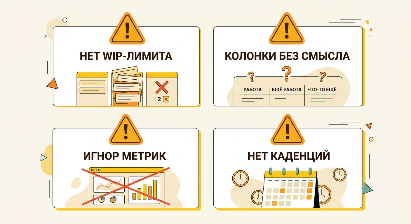 Типичные ошибки при внедрении канбан с предупреждающими иконками