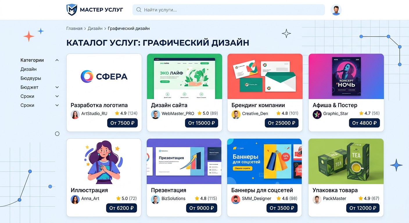 Каталог дизайн-услуг на фриланс-бирже с карточками и ценами