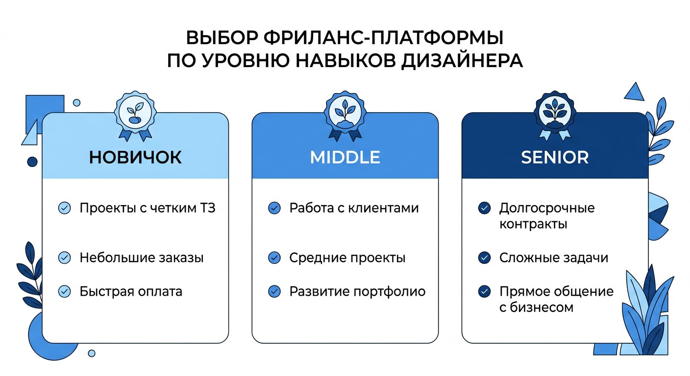 Матрица выбора фриланс-биржи для дизайнера по уровню: новичок, middle, senior