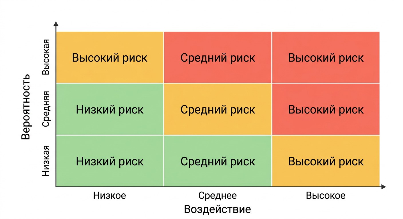 Матрица рисков проекта: вероятность и воздействие в трёх зонах