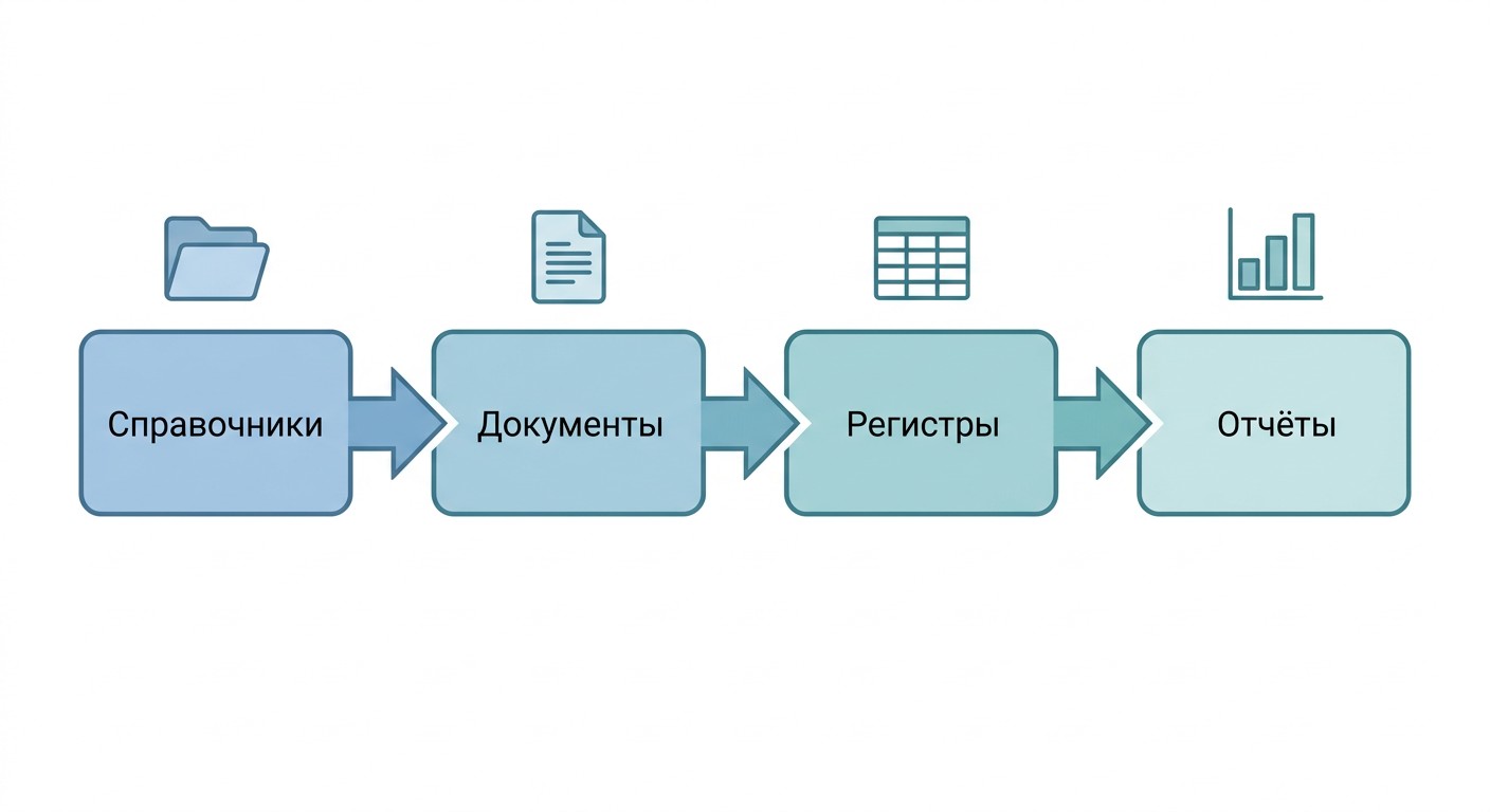 Схема объектной модели 1С: справочники, документы, регистры и отчёты