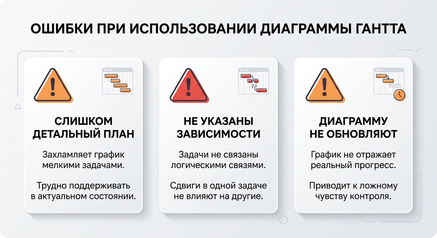 Три частые ошибки при работе с диаграммой Ганта — инфографика