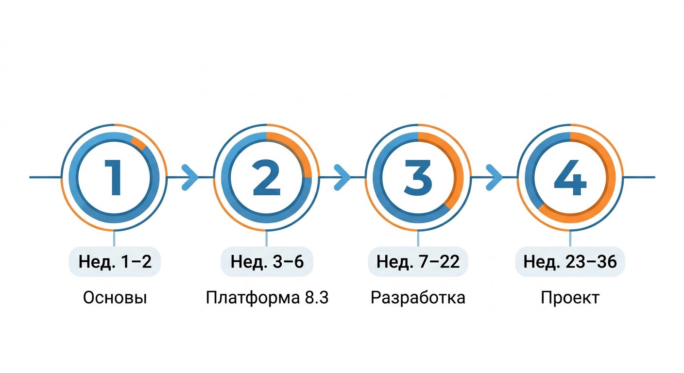 Программа обучения 1С с нуля — линейная схема четырёх этапов по неделям