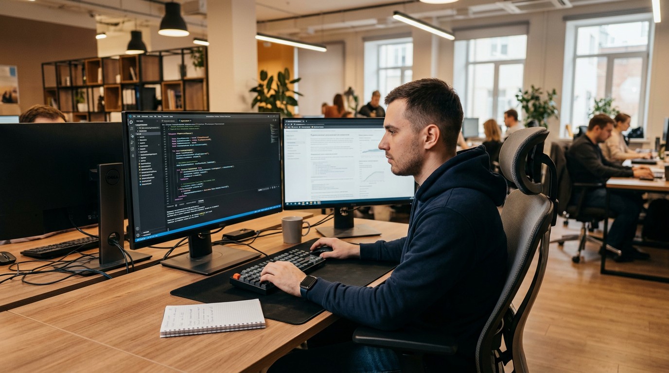 Обучение программированию 1С с нуля — разработчик за рабочим столом