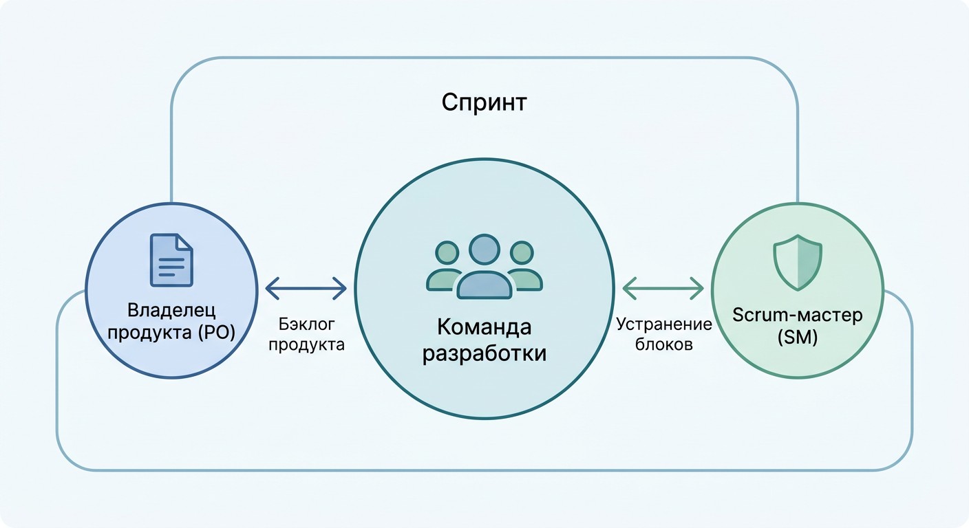 Схема ролей Scrum: владелец продукта, Scrum-мастер и команда разработки