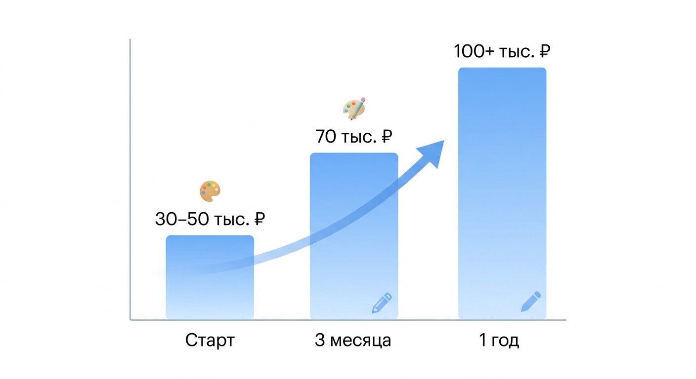 Диаграмма роста дохода графического дизайнера на фрилансе до 100 тысяч рублей