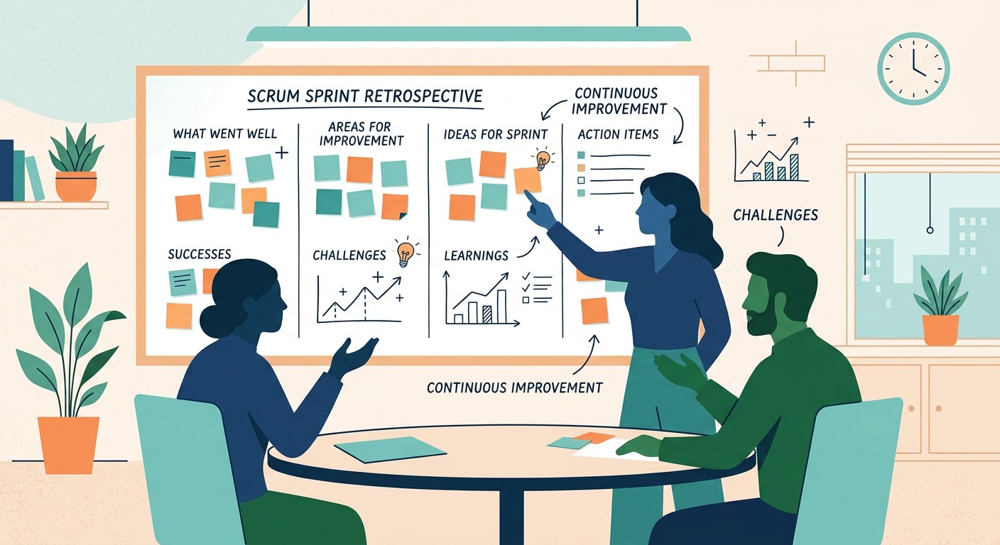 Ретроспектива спринта Scrum — команда анализирует результаты и улучшения