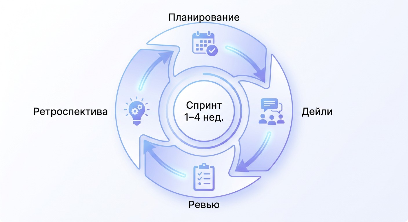 Инфографика цикла Scrum-спринта: планирование, дейли, ревью, ретроспектива