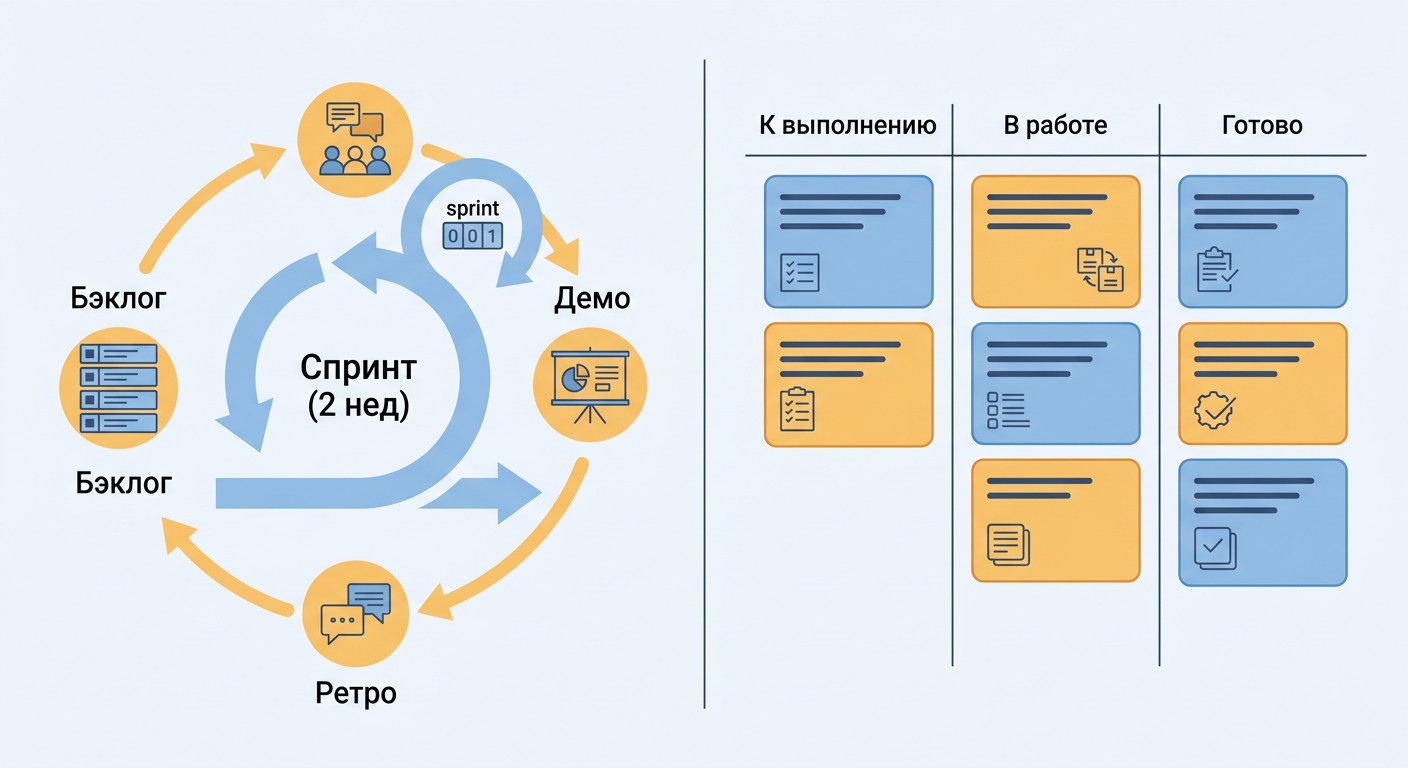 Схема спринта Scrum и пример канбан-доски для управления задачами