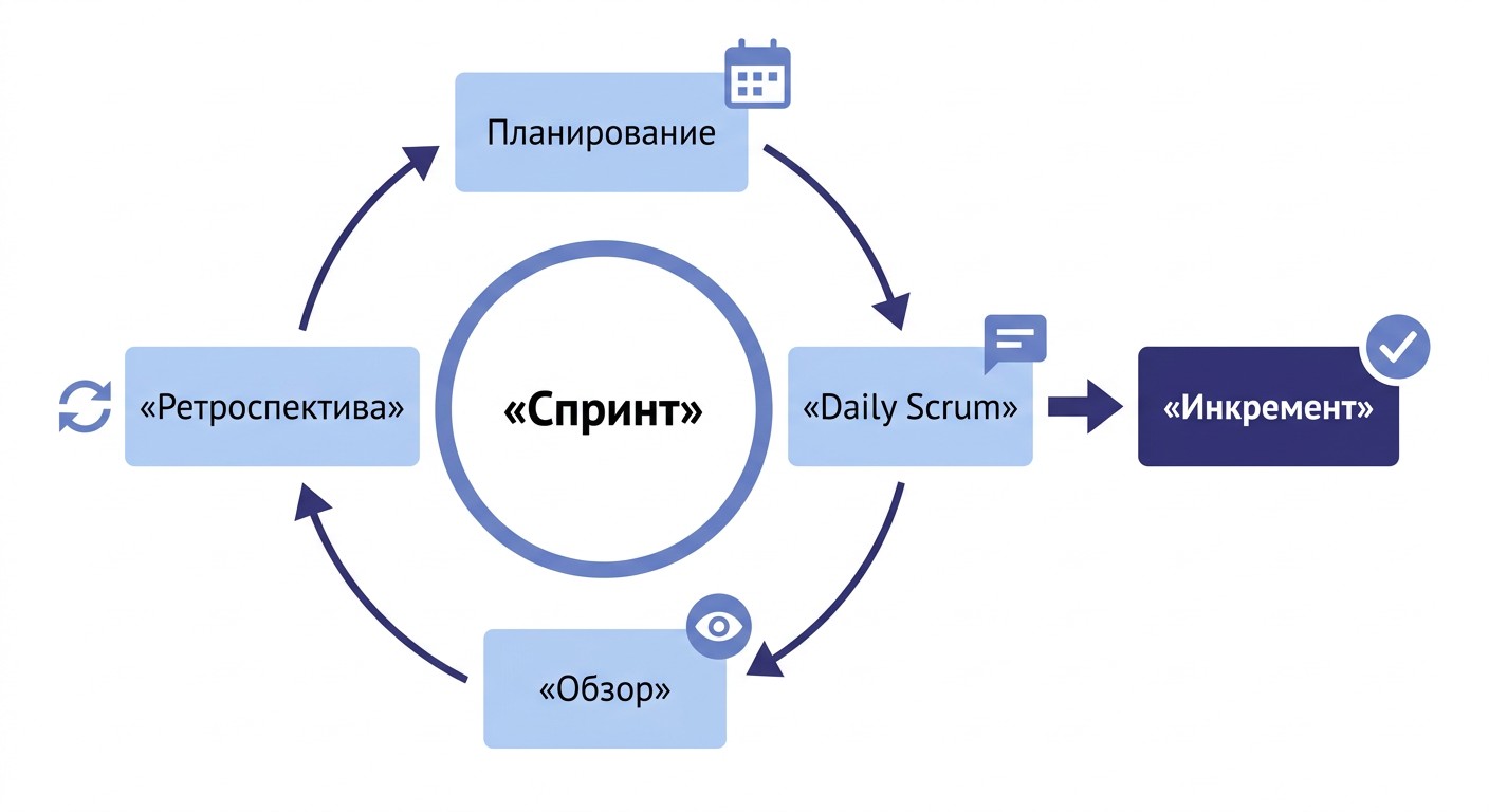 Схема Scrum-спринта: четыре события и результат инкремент