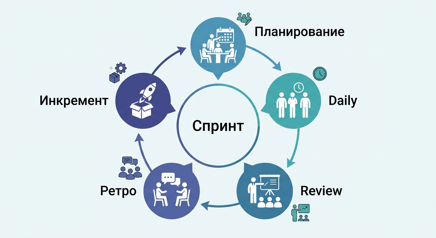 Цикл спринта Scrum: планирование, дейли, ревью, ретро, инкремент