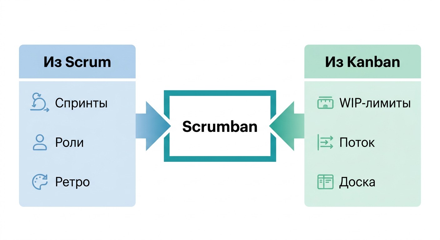 Scrumban объединяет спринты и роли Scrum с WIP-лимитами Kanban