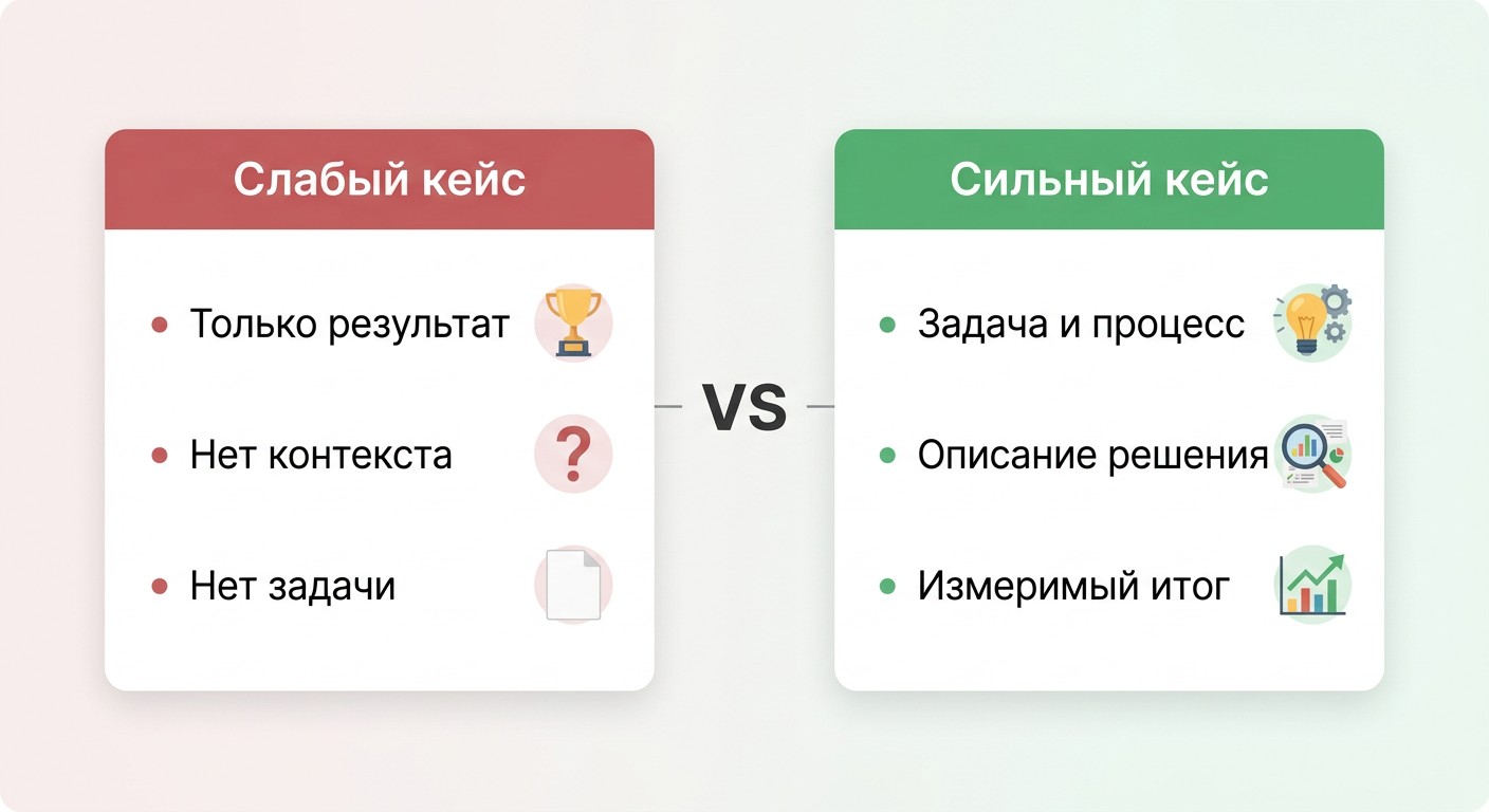 Сравнение слабого и сильного кейса в портфолио дизайнера