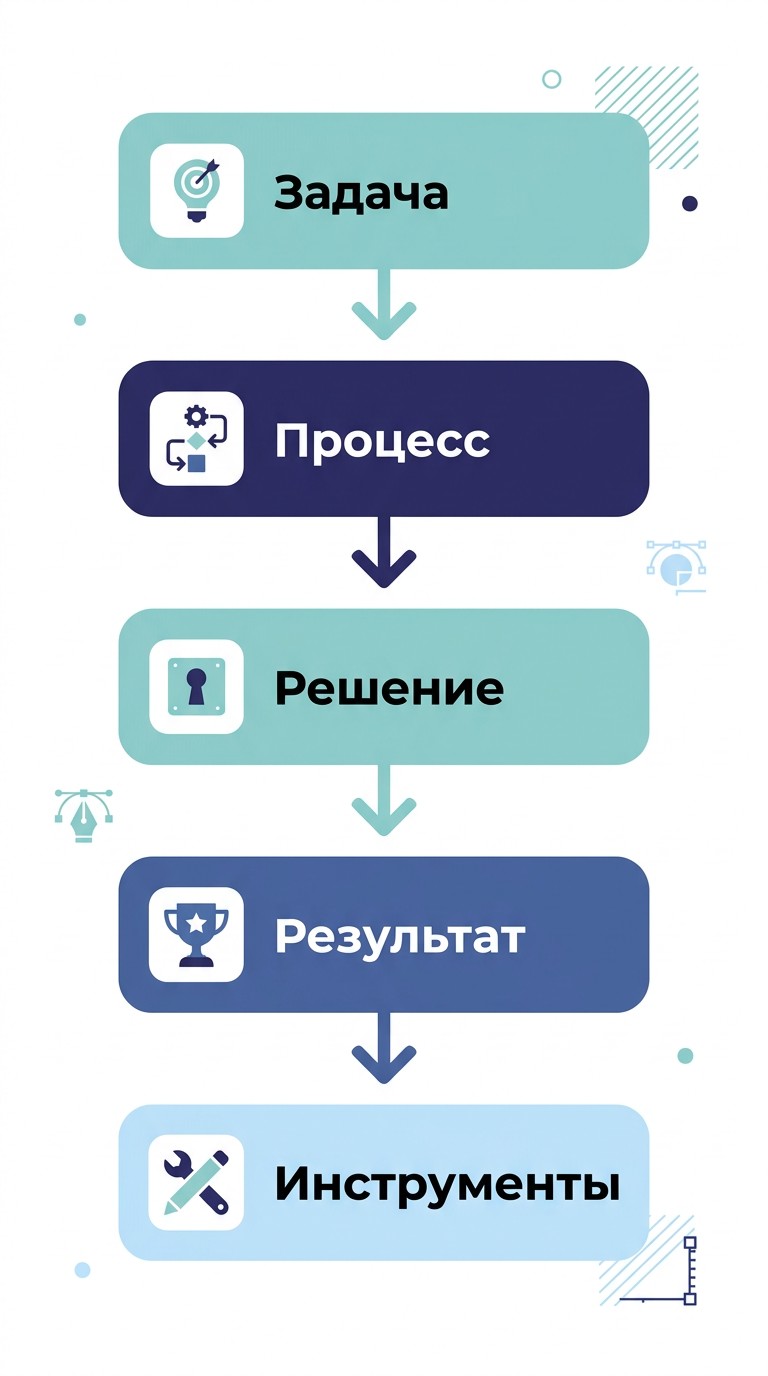 Схема структуры кейса в портфолио дизайнера пять ключевых элементов