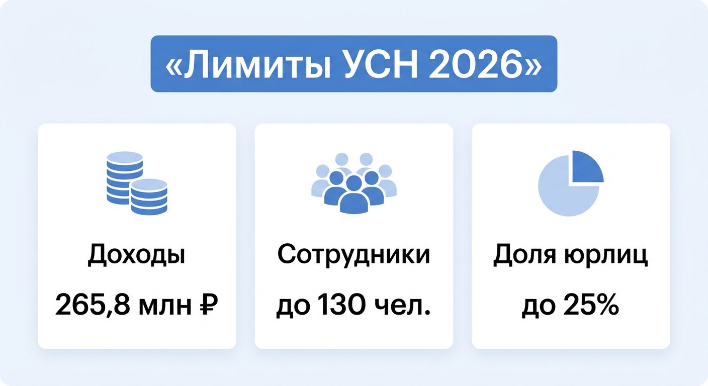 Инфографика лимиты УСН 2026 — доход сотрудники и доля юридических лиц