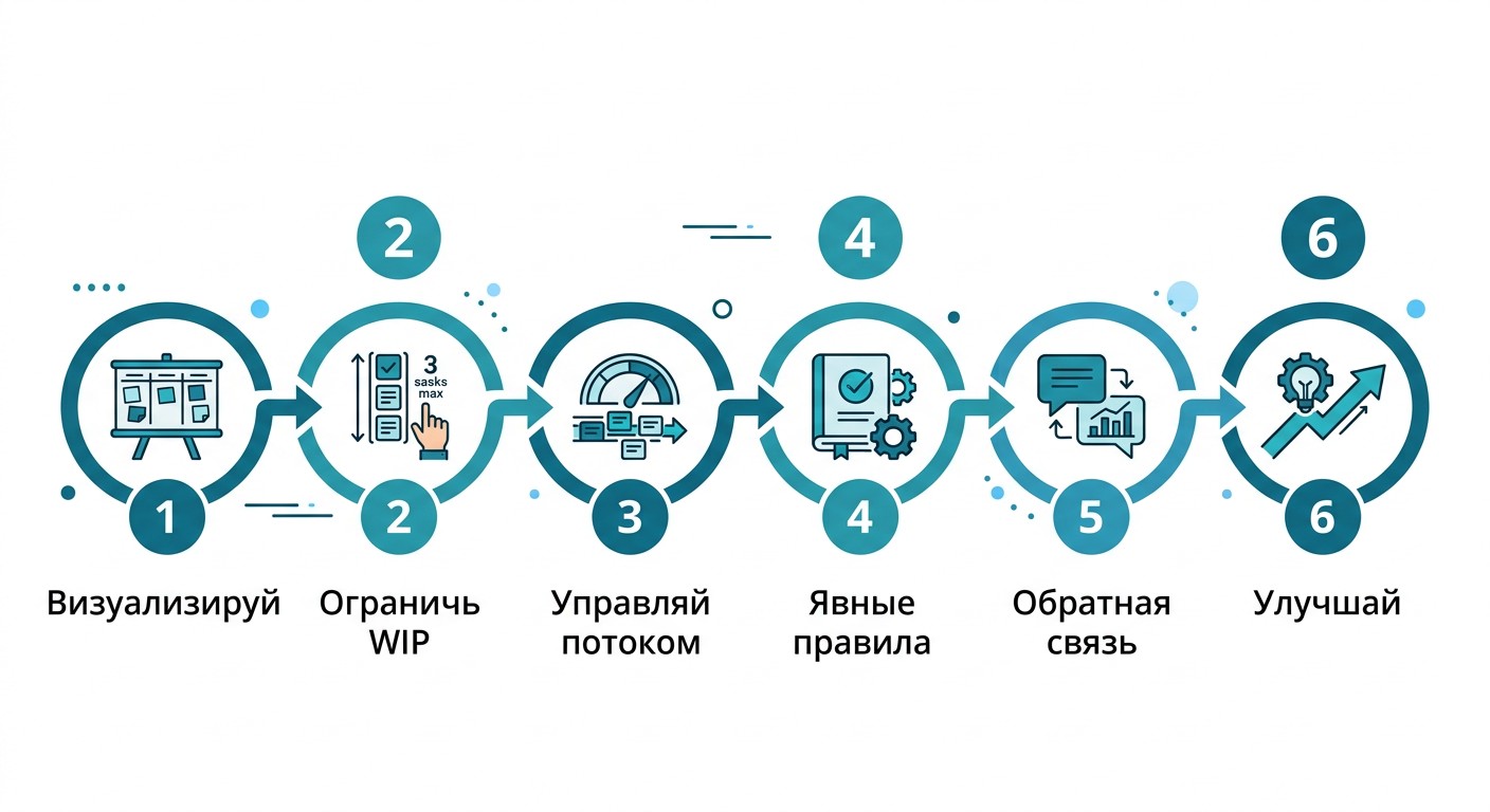 Шесть шагов внедрения канбан-метода в виде нумерованной схемы