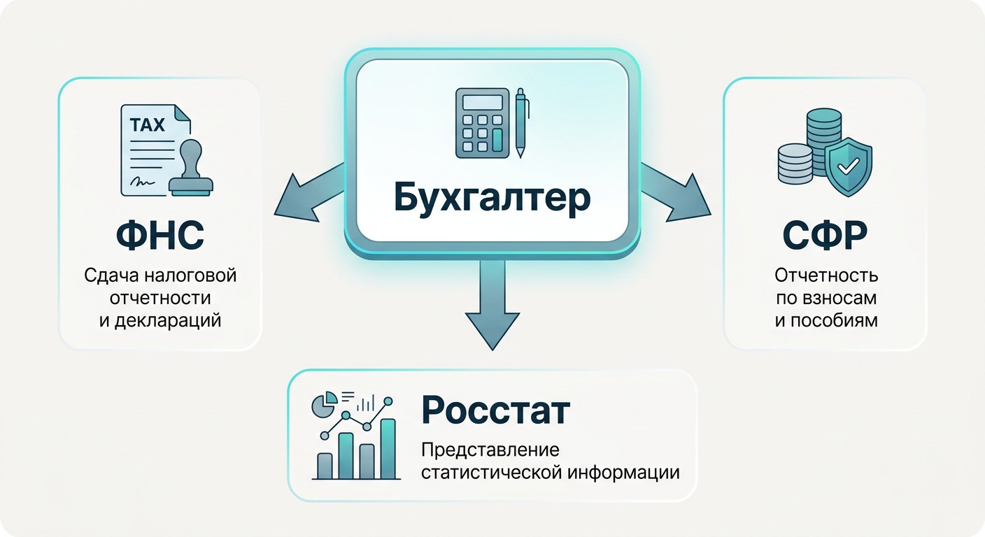 Взаимодействие бухгалтера с ФНС, СФР и Росстатом — схема отчётности
