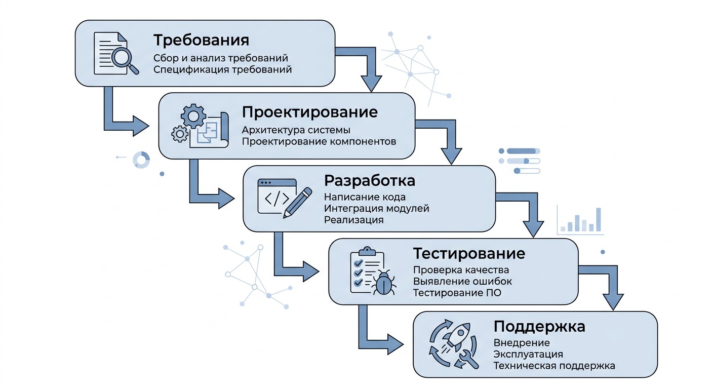 5 фаз каскадной модели Waterfall от требований до поддержки продукта