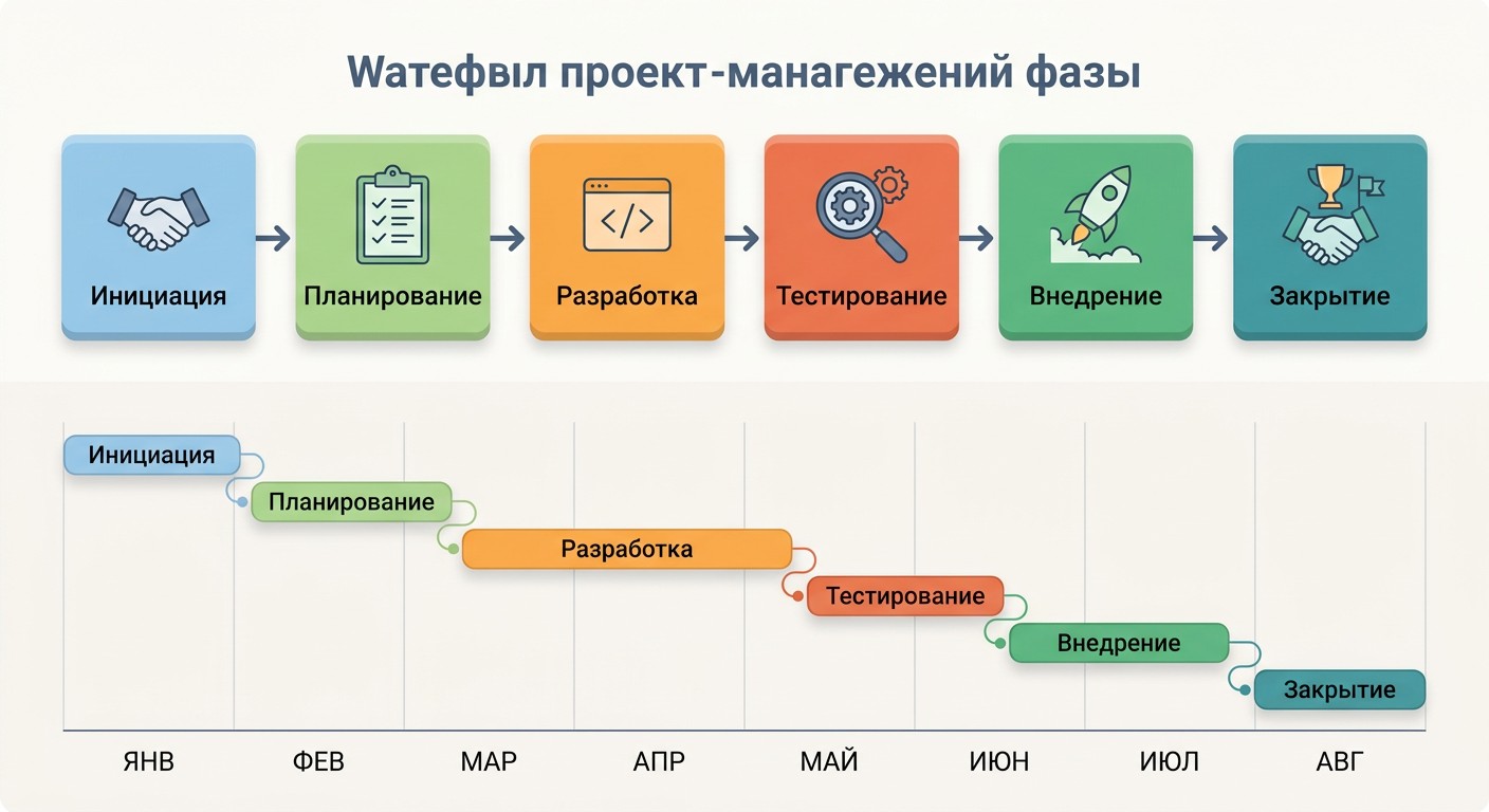 Шесть фаз методологии Waterfall и диаграмма Ганта