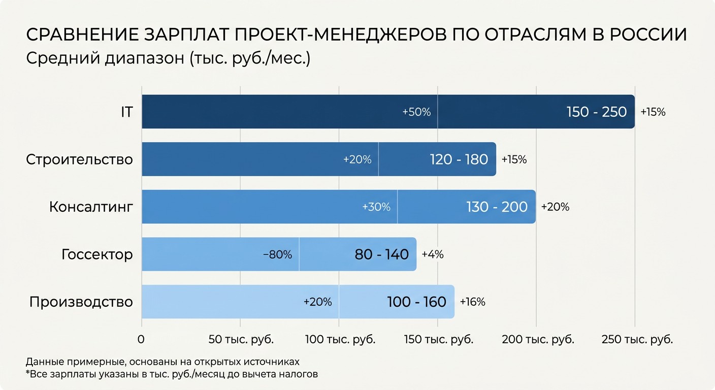 Сравнение зарплат руководителя проекта по отраслям — диаграмма