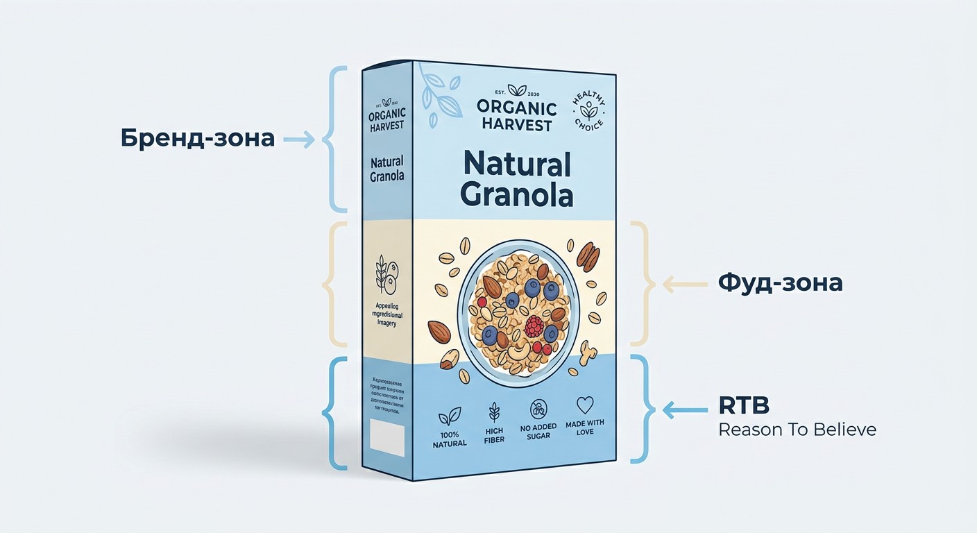 Схема зон дизайна упаковки: бренд-зона, фуд-зона и RTB