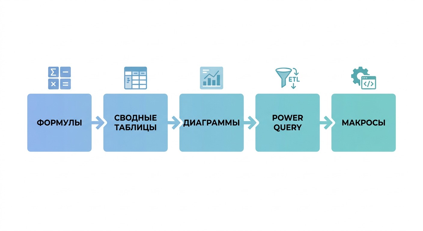 Инфографика: 5 инструментов Excel для работы с данными — линейная схема