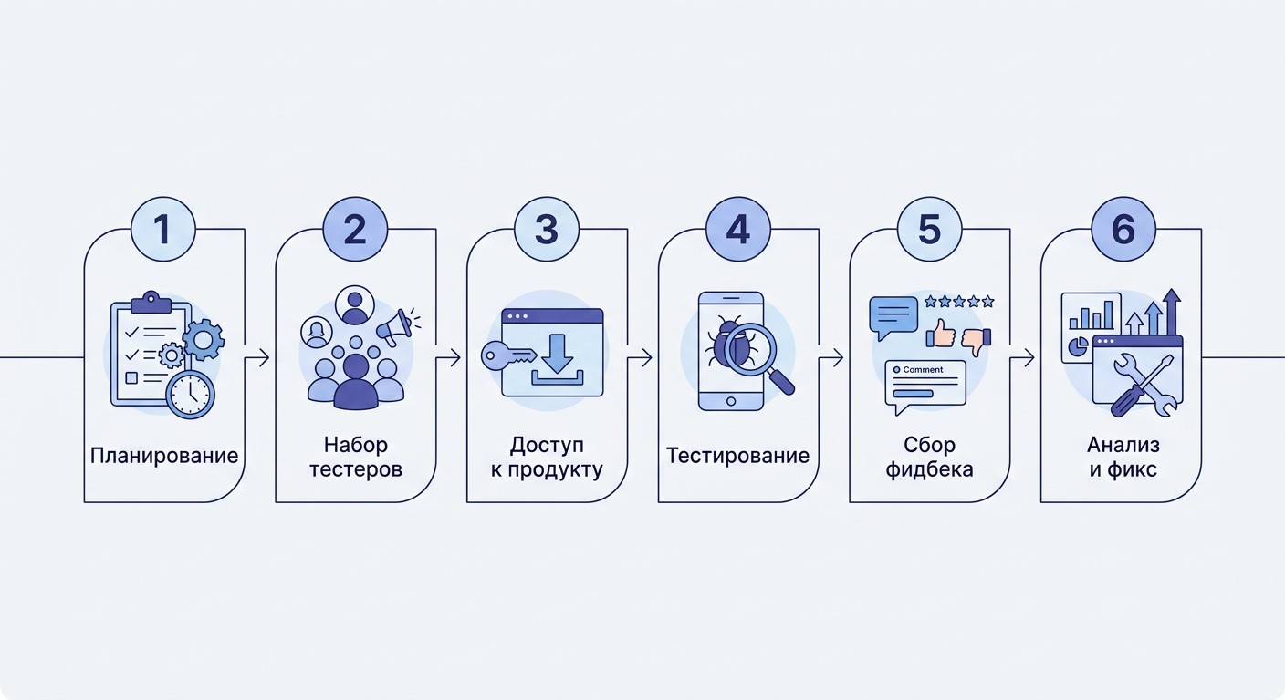 Нумерованная схема шести шагов процесса бета-тестирования программного обеспечения