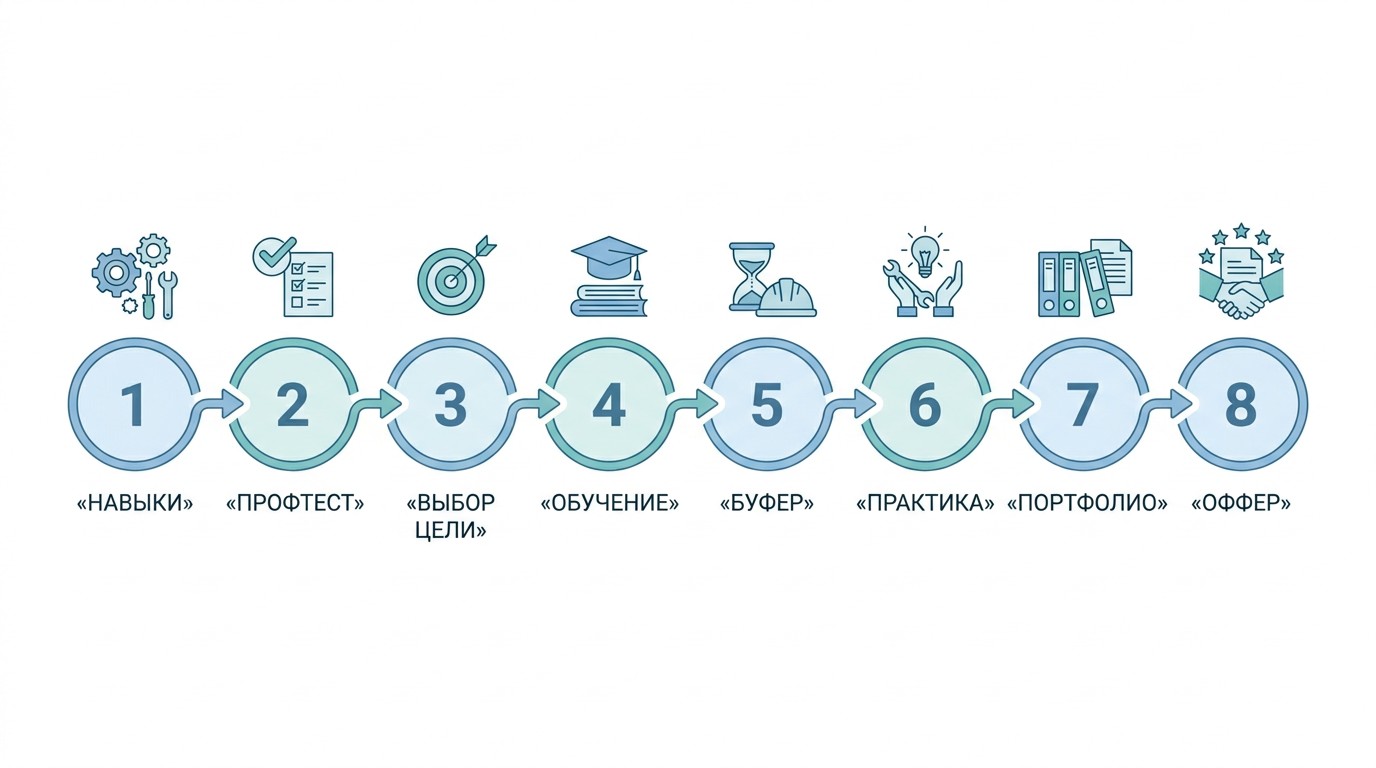 8 шагов к новой профессии — пошаговая инфографика смены карьеры