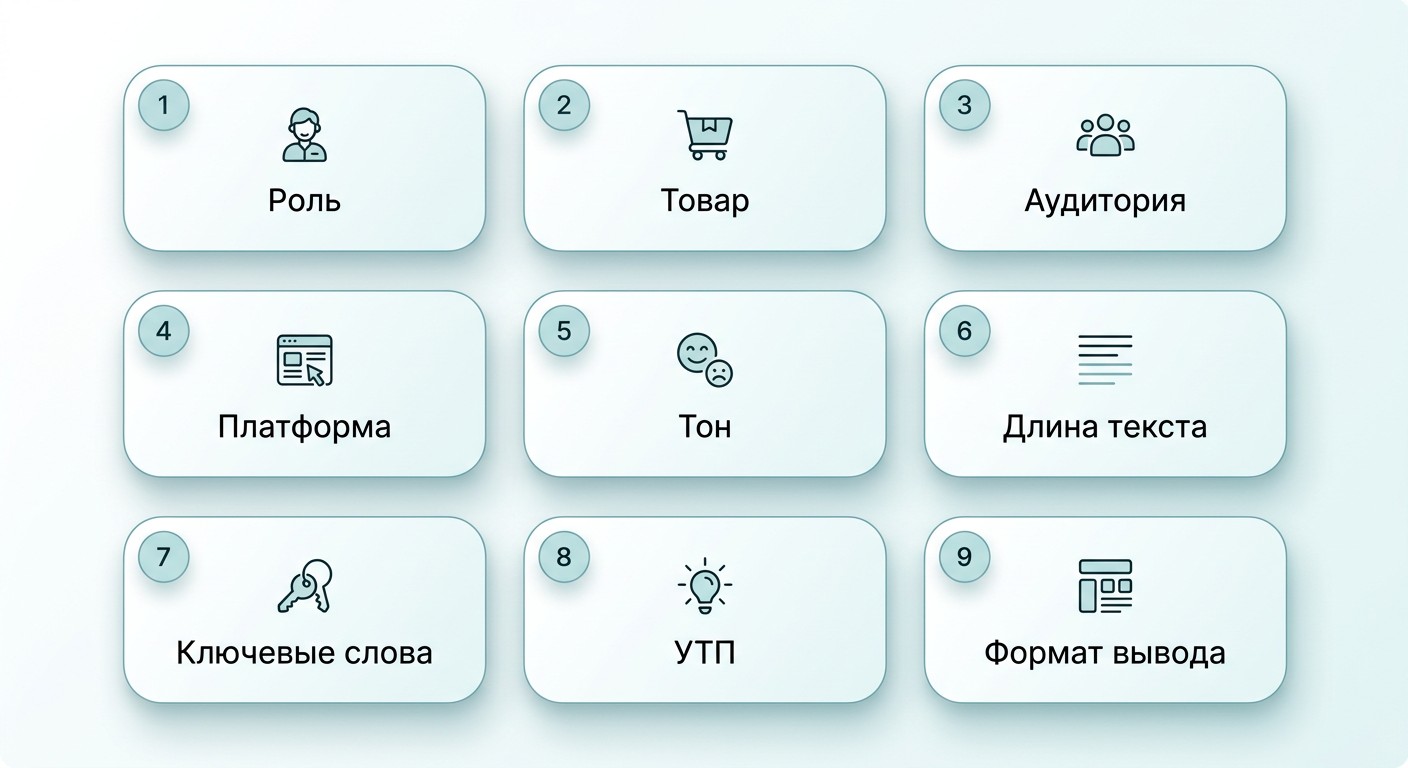 Инфографика: 9 компонентов идеального промпта для нейросетей на маркетплейсах