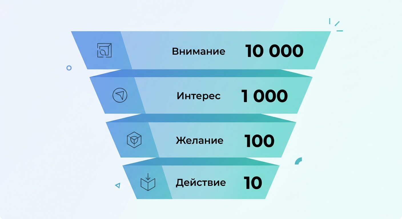 Инфографика четырёх этапов AIDA с числовым примером воронки продаж