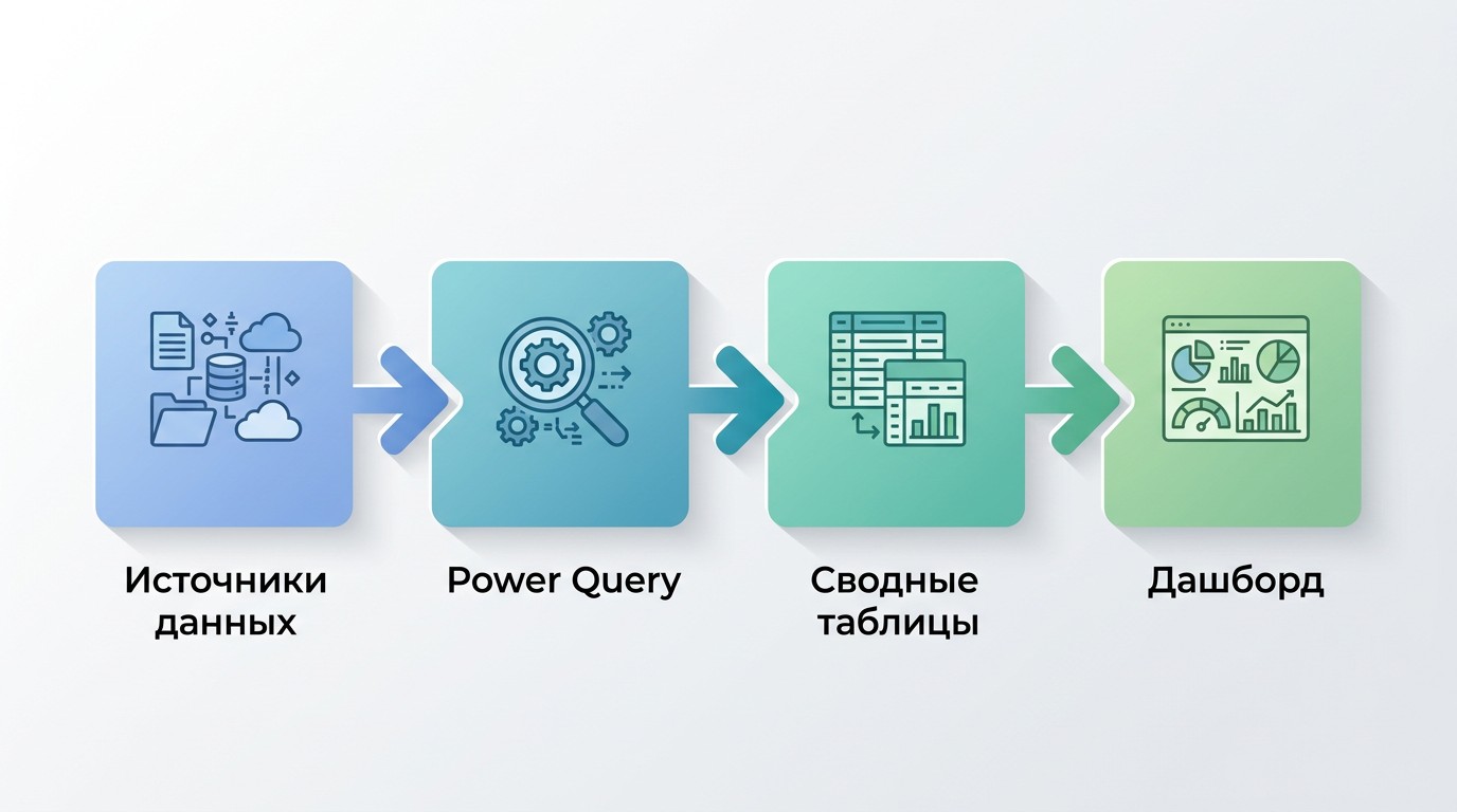 Схема аналитического конвейера Excel: от данных до дашборда