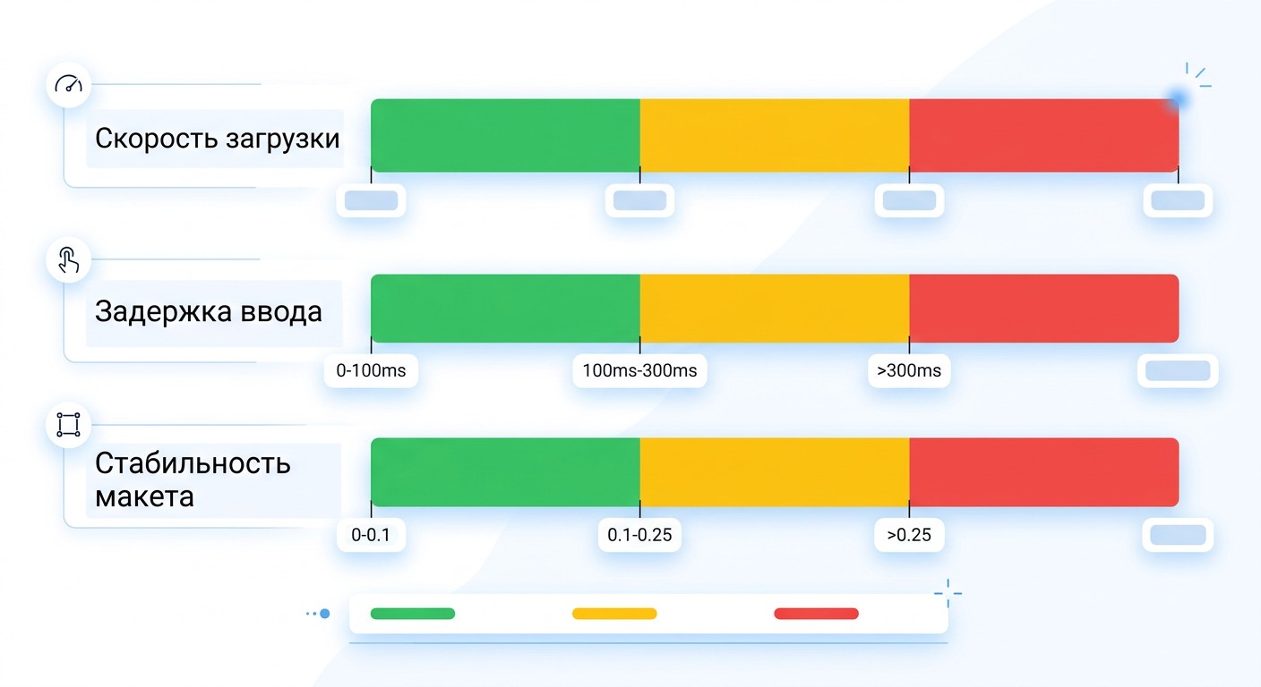 Инфографика трёх метрик Core Web Vitals с порогами и цветовой шкалой