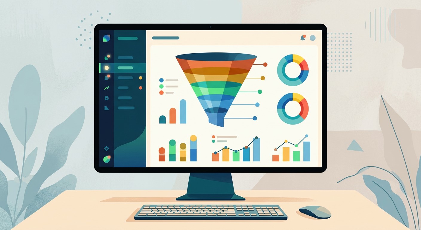 CRM-система с аналитикой и графиками воронки продаж на мониторе