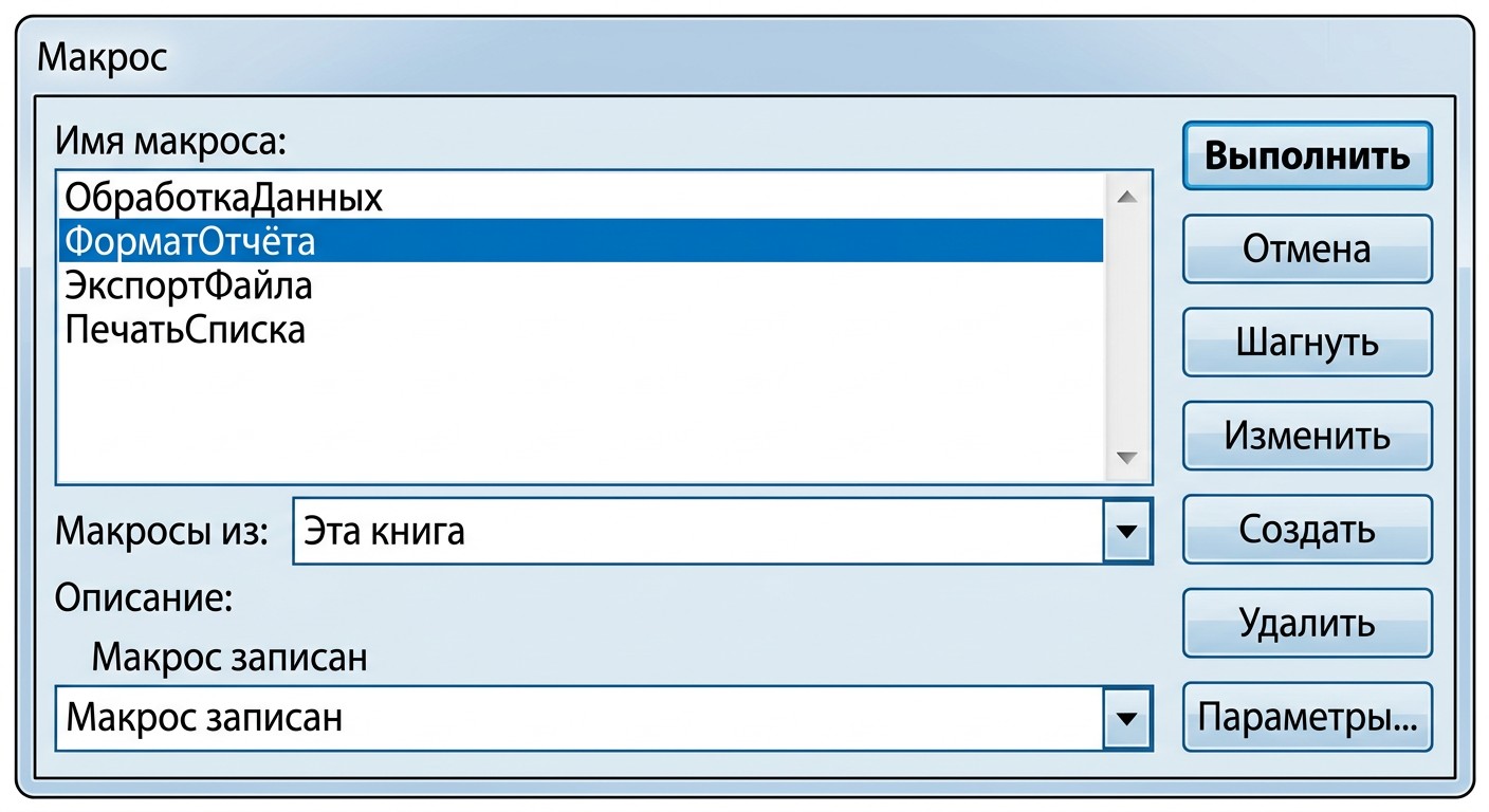 Диалог «Макросы» в Excel — список макросов и кнопка «Выполнить»