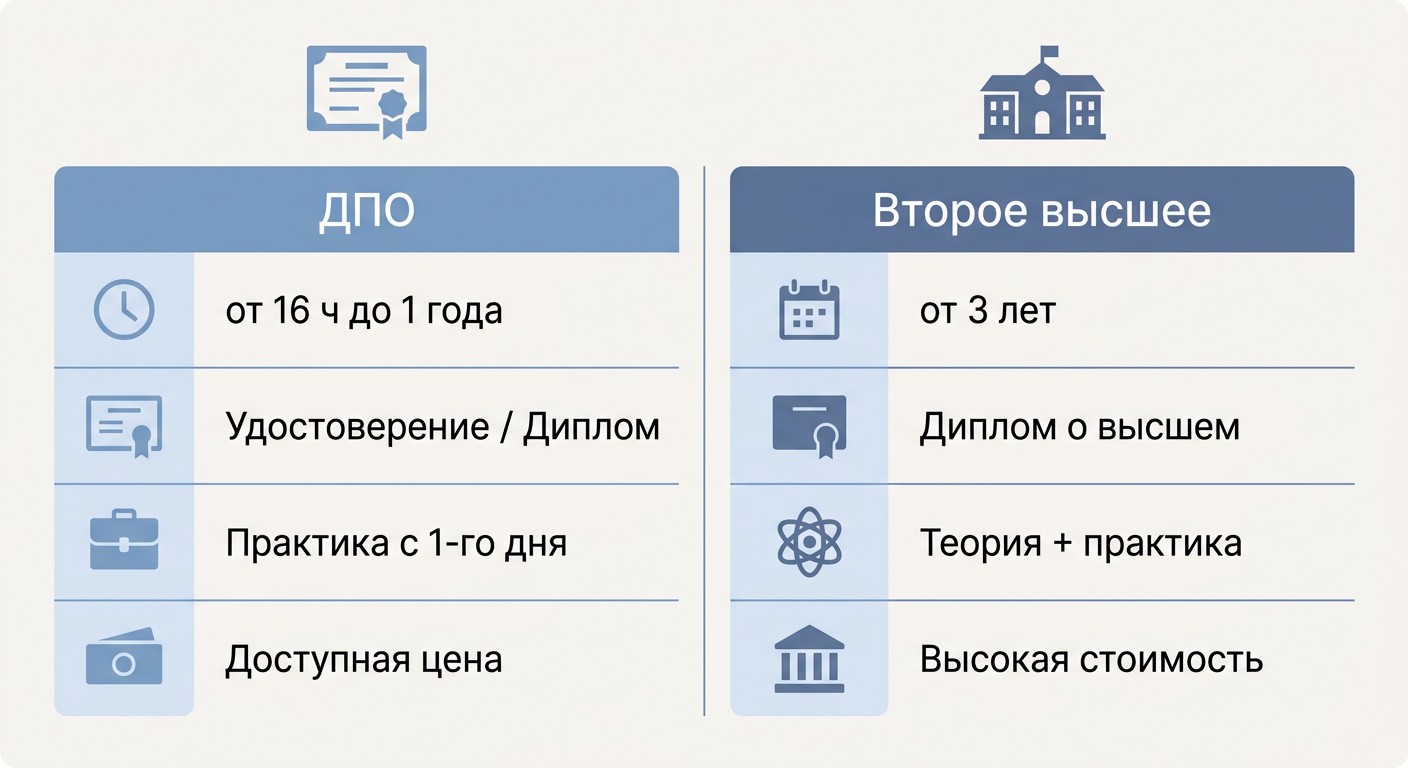 Сравнение ДПО и второго высшего образования по четырём параметрам