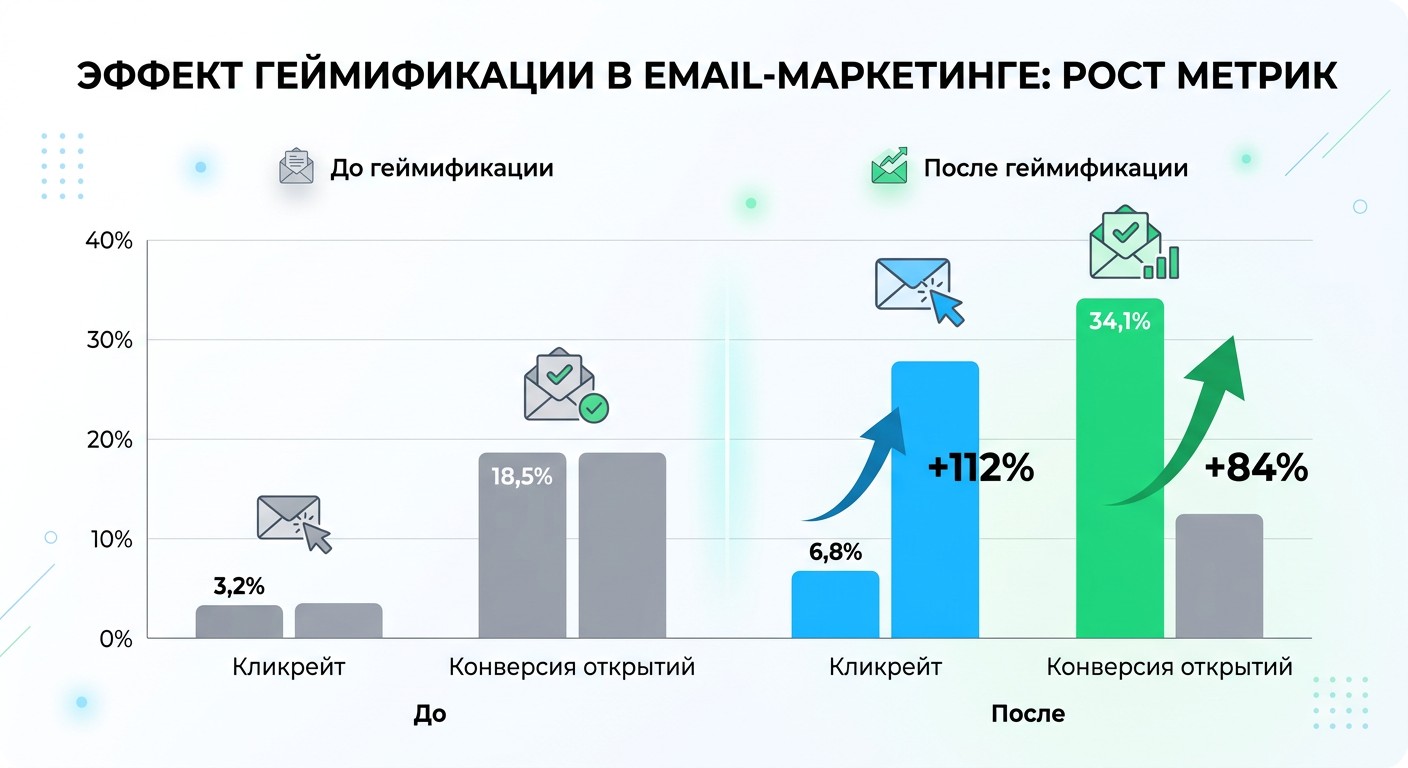 Инфографика: рост кликрейта и конверсии открытий после геймификации рассылки